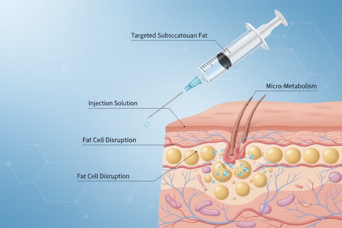 A medical diagram illustrates a syringe injecting a solution to disrupt fat cells beneath the skin's surface.