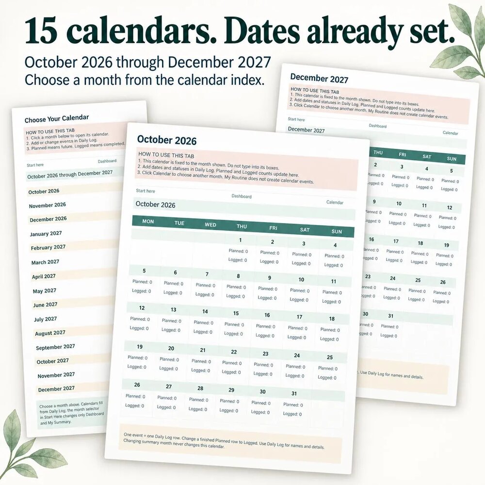 Fifteen pre-built monthly calendars in the Peptide Tracker, running October 2026 through December 2027