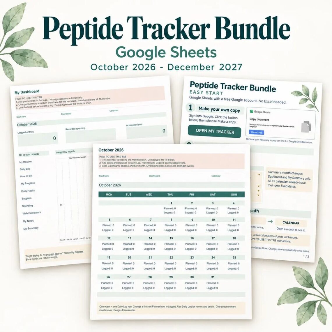 Peptide Tracker Bundle for Google Sheets, showing the dashboard, Easy Start guide and a monthly calendar