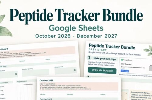 Peptide Tracker Bundle for Google Sheets, showing the dashboard, Easy Start guide and a monthly calendar