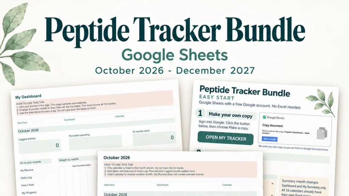 Peptide Tracker Bundle for Google Sheets, showing the dashboard, Easy Start guide and a monthly calendar