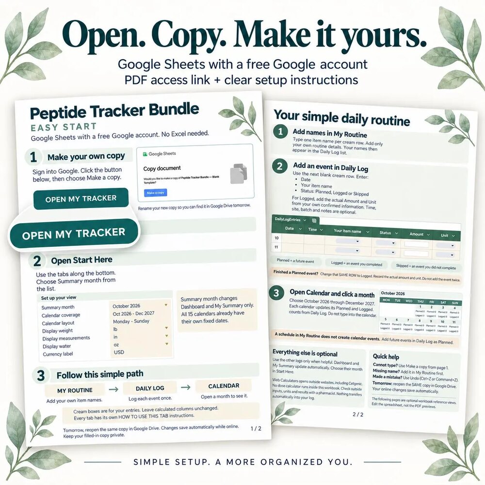 The two-page Easy Start guide showing how to copy the workbook into your own Google Sheets