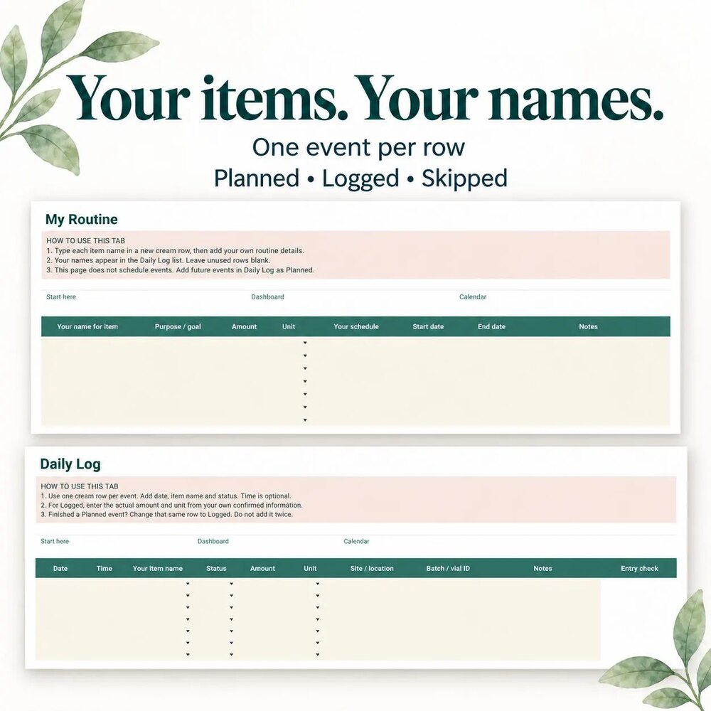 The My Routine and Daily Log tabs of the Peptide Tracker, with blank columns for your own item names, dates and status